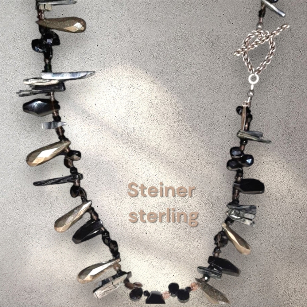 Signed 925 pyrite Onyx Smoky quartz petrified wood spike gemstone necklace